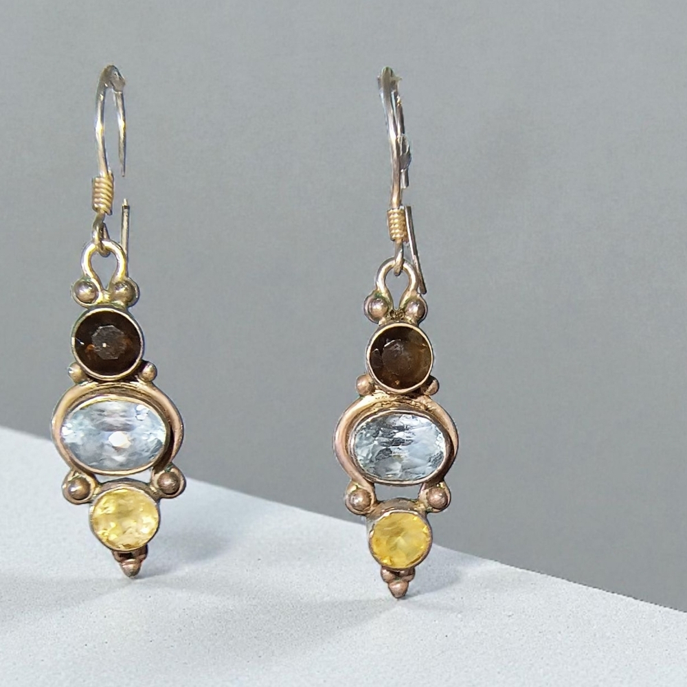 Triple-Gemstone In Sterling Silver Drop Dangle Earrings
